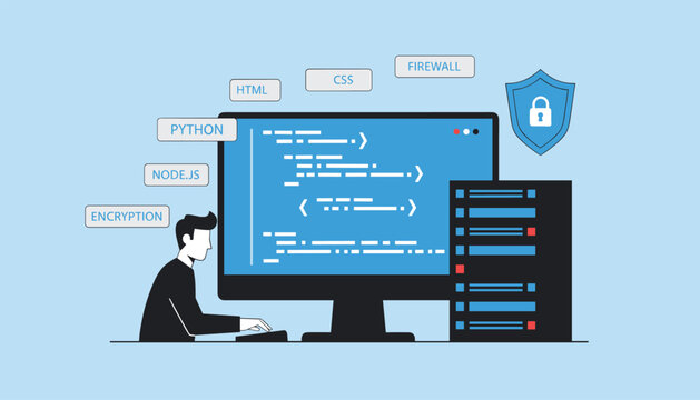 Programmer coding on a computer with web security shield and data server to illustrate cybersecurity and software development.