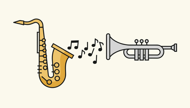 Saxophone and trumpet wind instruments facing each other with black music notes floating in the air on a cream background.