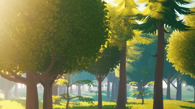 People take a walk in a lively forest. Sunlight filters down through the leaves creating bright spots on the ground. The scene is filled with green trees and fresh grass.