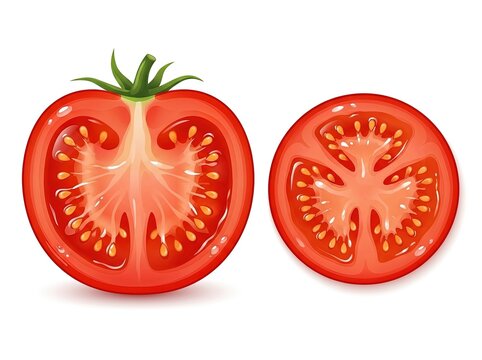 Red Tomato Half and Slice Realistic Illustration Isolated White Background Fresh Vegetable Juicy Raw Organic Food Salad Cooking Graphic Element 3D