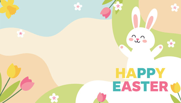 Adorable cartoon easter bunny waving hands in a colorful flower field to celebrate the happy easter holiday event.