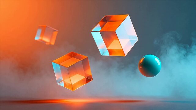 Floating Glass Cubes and Sphere in Smoke
