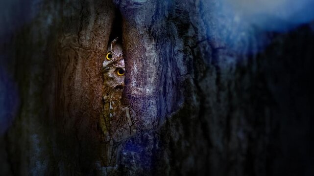 Scops Owl Hiding Inside a Tree Hollow in the Forest
