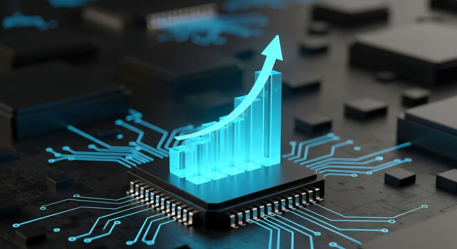 Glowing digital financial bar chart rising on a computer microchip processor with business technology investment analysis performance statistics optimization information computing development