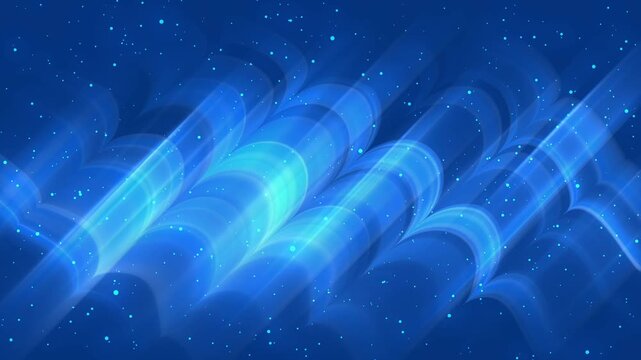 Soft blue waves ripple across the deep night sky. Faint stars twinkle in the vast, dark expanse. Dynamic light streaks pulse with gentle energy. Abstract curves flow in soothing, glowing motion