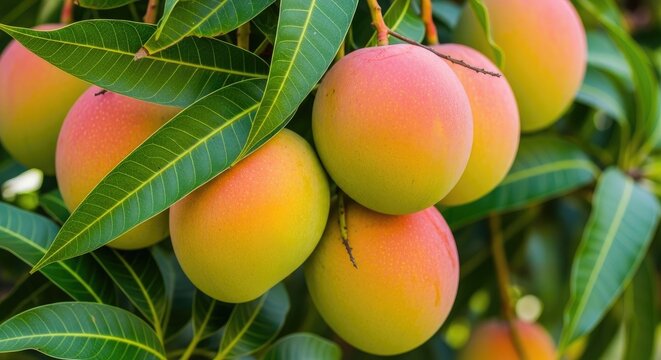 Ripe Mangoes Hanging on a Tree Branch with Green Leaves.
