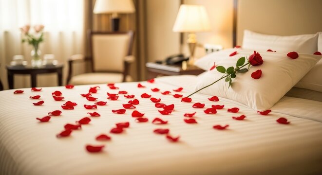 Romantic hotel room decorated with rose petals on the bed for a special occasion.
