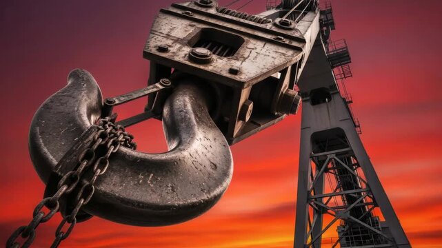 Industrial crane hook with chain against vibrant sunset sky  