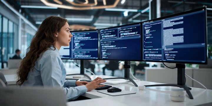 Young woman software developer working on code in office