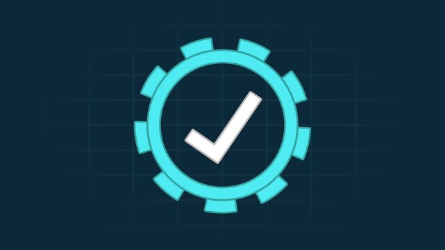 Animated checkmark in gear cog on dark background with grid pattern animation white