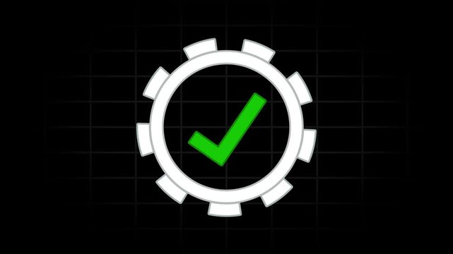 Green checkmark on gear success confirmation symbol on dark background with subtle grid pattern gear success symbol