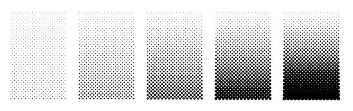 Vertical halftone dots gradient set. Black and white half tone vector backgrounds with gradation fading textured effect. Abstract comic pop art pattern