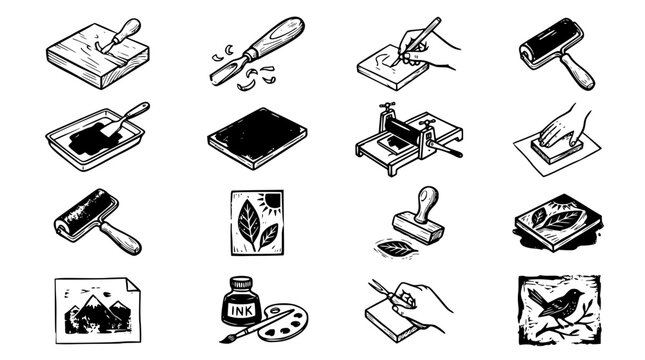 Hand drawn lino print block print icons block carve ink roller press brayer stamp relief, black ink sketch vector illustration