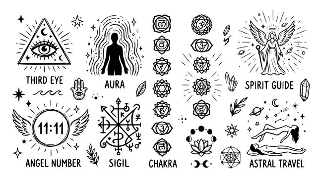 Hand drawn astral spiritual icons third eye aura chakra spirit guide angel number sigil, black ink sketch vector illustration