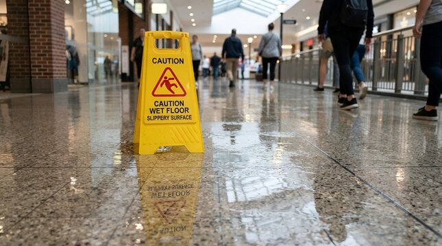 Yellow wet floor caution sign placed on a slippery marble hallway in a busy shopping mall interior