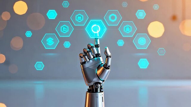 Robot hand interacting with digital icons