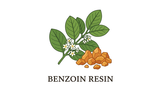 Illustrative depiction of aromatic benzoin resin chunks originating from the styrax tree, accompanied by its green leaves and delicate white flowers, highlighting a natural botanical extract