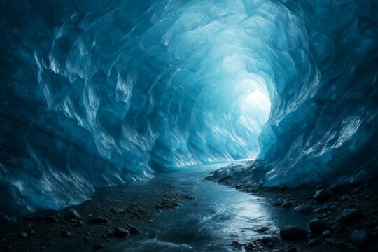 Stunning icy cave interior with glowing blue light and flowing water stream, perfect for nature background and adventure concept visuals. Ai generative
