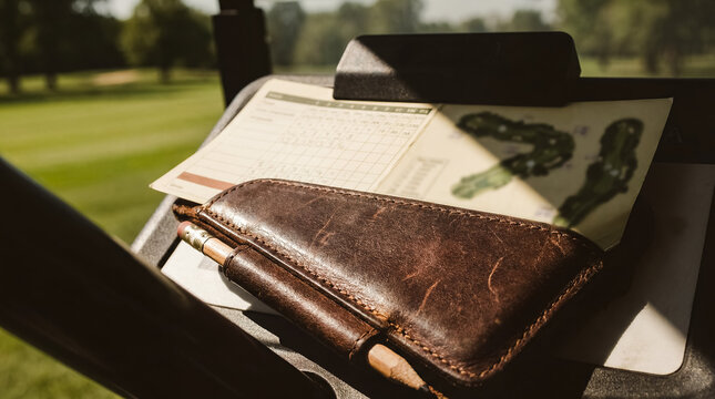 golf scorecard pencil cart course scoring strategy sport planning round leather holder and pencil on cart suggest match planning handicap tracking and organized weekend play for club services