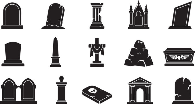 Set of halloween graves, tombstone icons, and gravestone vector.