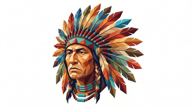Native american chief wearing colorful feather headdress low poly