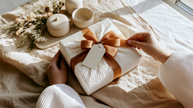 Hands tying ribbon on eco friendly gift box wrapped in reusable linen fabric, sustainable zero waste packaging with dried flowers and ceramics, cozy natural holiday flat lay.
