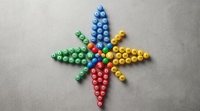 casino lottery balls compass pattern gambling fortune direction chance numbers radial compass arrangement turns lottery numbers into a navigation metaphor for strategy destiny and finding the winning
