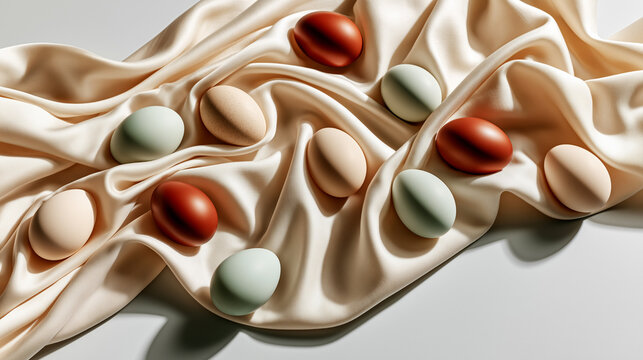 Pastel colored eggs arranged on flowing cream silk fabric, minimalist Easter flat lay, soft shadows, premium spring holiday decoration, elegant copy space background.