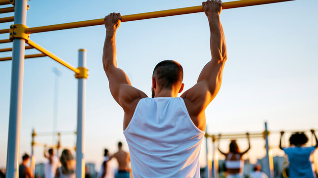 Man doing pullup outdoor calisthenics park sunrise, muscular back view. Diverse group fitness exercise bars, athletic training workout. Active healthy lifestyle urban recreation.