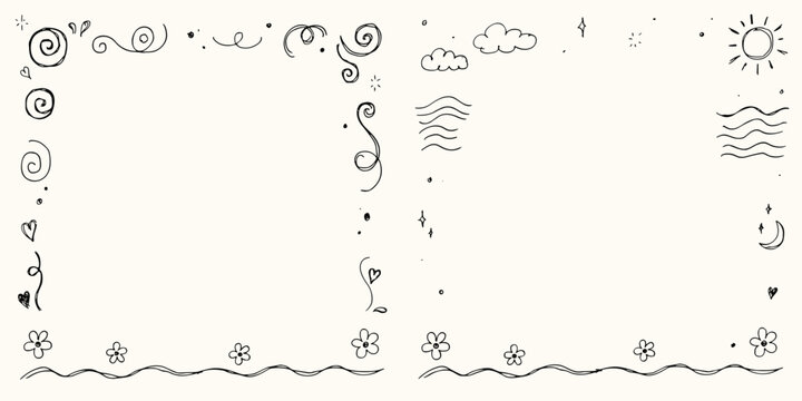 Hand drawn doodle frame borders with swirls, clouds, sun, waves, flowers, stars, and hearts on a light cream background, for decoration