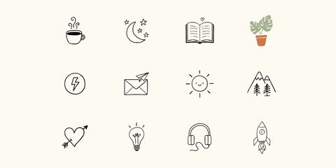 Fototapeta premium Whimsical hand drawn set featuring coffee, moon, book, plant, envelope, sun, mountains, heart, lightbulb, and rocket on beige