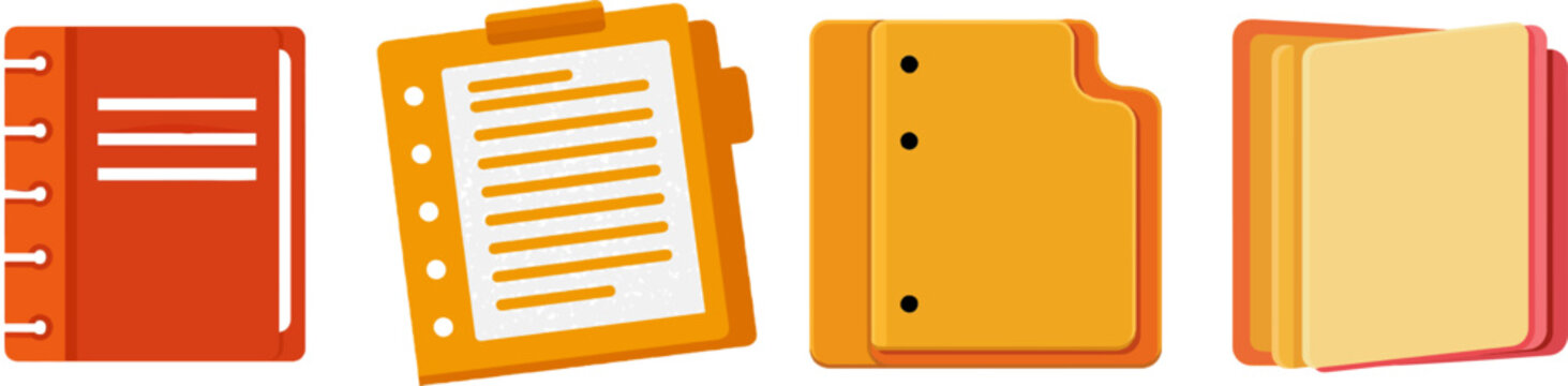 A minimalist flat vector icon of a restaurant menu folder features solid orange colors with white outlines against a white background, showcasing a clean and unbranded design suitable for UI/UX