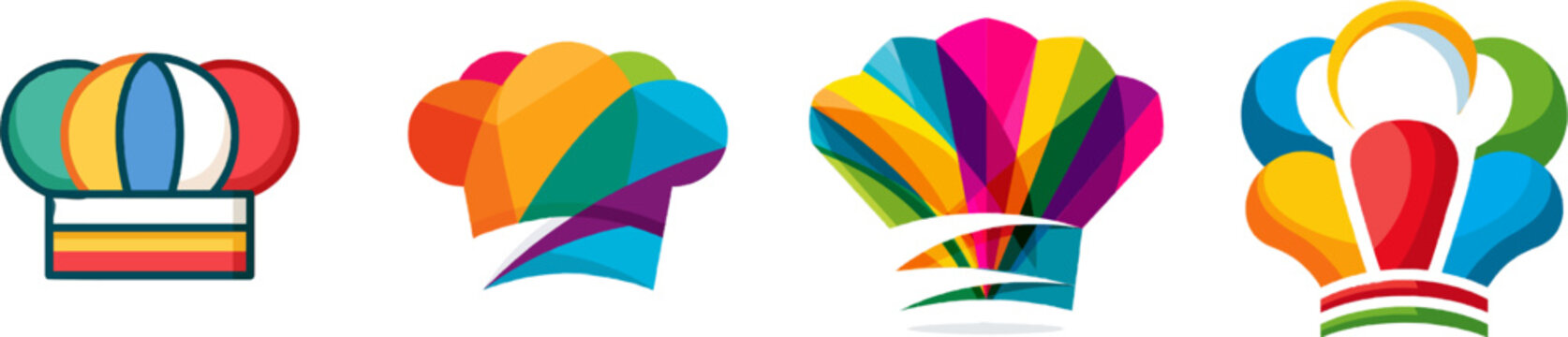 A vibrant flat vector icon of a chefs hat, featuring bright colors and modern UI style, stands out against a clean white background