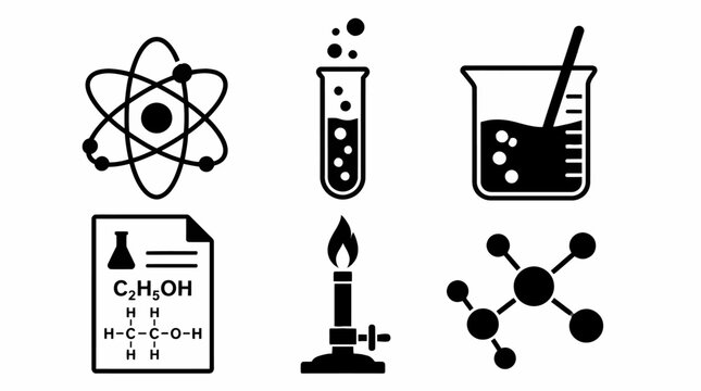 Set of six black science and laboratory icons on white background