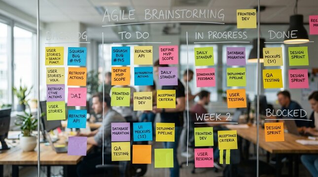 Colorful sticky notes on glass wall for agile brainstorming meeting