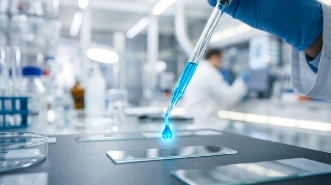 Scientist using pipette with blue liquid drop in medical laboratory
