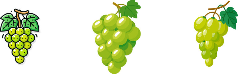 Fototapeta premium A vibrant, flat vector icon of green grapes on a vine, adorned with leaves, showcases a modern UI style against a pristine white backdrop