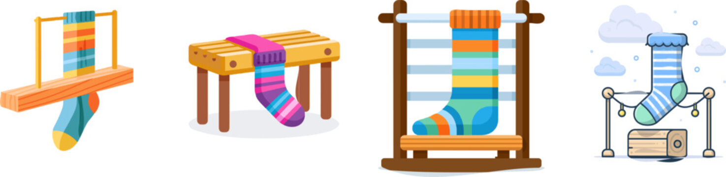 A vibrant flat vector icon depicts a colorful wool sock being stretched out on a wooden drying block, showcasing bright colors and clean lines against a pure white background