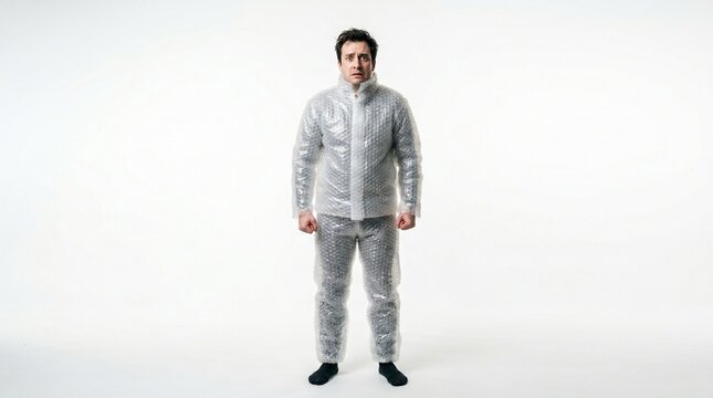 Funny man wearing protective bubble wrap suit standing isolated