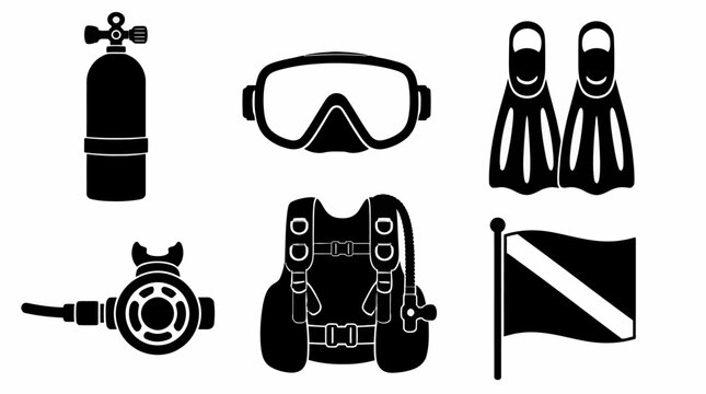 Scuba diving equipment silhouettes with oxygen tank and mask, underwater adventure icons