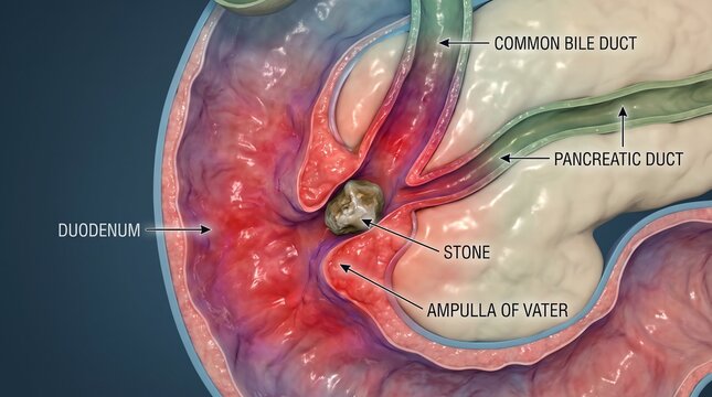 Labeled Anatomy of Gallstone Impaction at the Ampulla of Vater