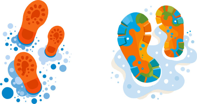 A vibrant orange boot print icon emerges from a burst of blue bubbles against a pristine white backdrop, symbolizing fresh snow and modern design aesthetics