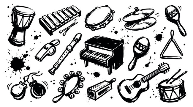 Various musical instruments, including drums, guitar, piano, and percussion, are rendered in a dynamic black ink sketch style on a white background with ink splatters