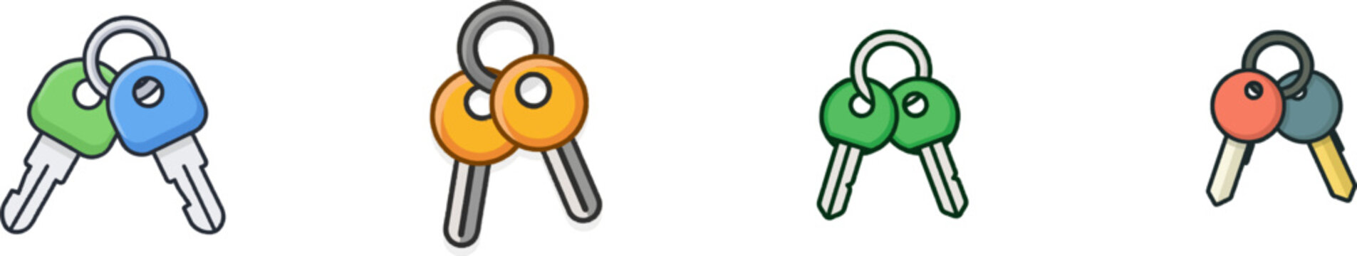 A minimalist flat vector icon of two vehicle ignition keys on a ring, featuring solid colors and clear outlines against a white background, exudes simplicity and functionality in a UI/UX design style
