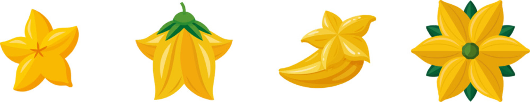 A vibrant, flat vector icon of a yellow starfruit carambola slice, with bright colors, clean lines, and isolated on a pure white background