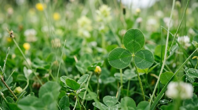A single three leaf clover plant in a lush green field of clover and wildflowers