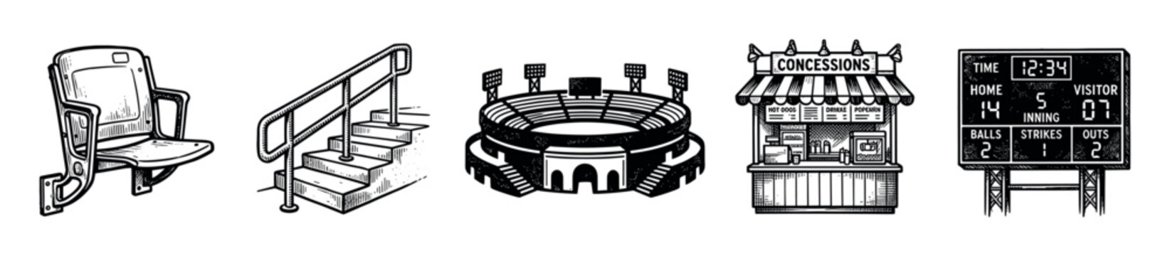 Various hand-drawn black and white illustrations depicting baseball stadium elements like a seat, stairs, arena, concession stand, and scoreboard