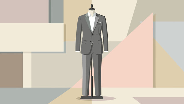 Gray suit displayed on mannequin against pastel geometric background  