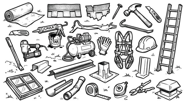 Various black and white hand-drawn roofing tools and construction equipment are scattered across a white background, depicting essential items for building and repair work