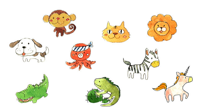ライオンやユニコーンなど可愛い動物の手描き鉛筆水彩イラストセット
 Cute animals including lion and unicorn hand-drawn pencil watercolor illustration set